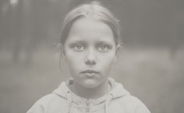 Black and white portrait of tired little girl with sad eyes. Shallow DOF